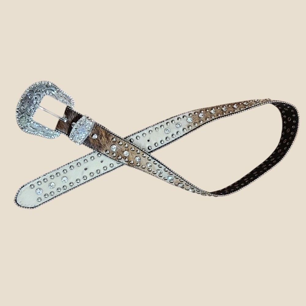 Vintage‎ Nocona Belt Co Rhinestone Genuine Leather Western Belt Silver Calf Hair